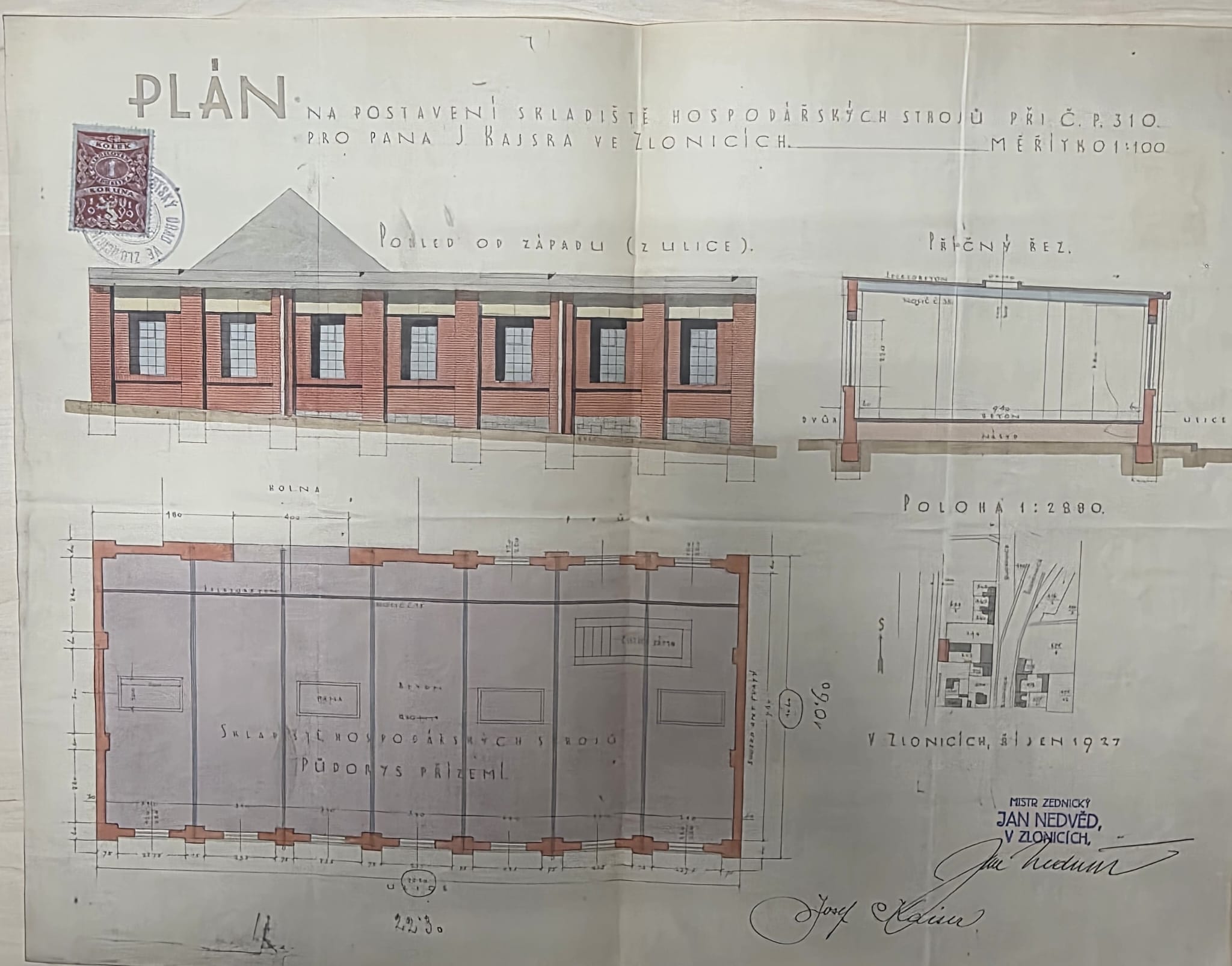 Dobový stavební plán z roku 1927, stavba u domu č.p. 310 ve Zlonicích
