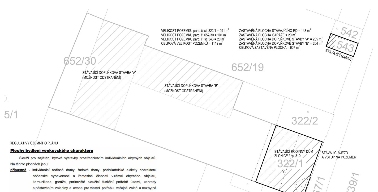 Situace pozemku: rodinný dům, dvě dílny a garáž na pozemku 1 112 m²