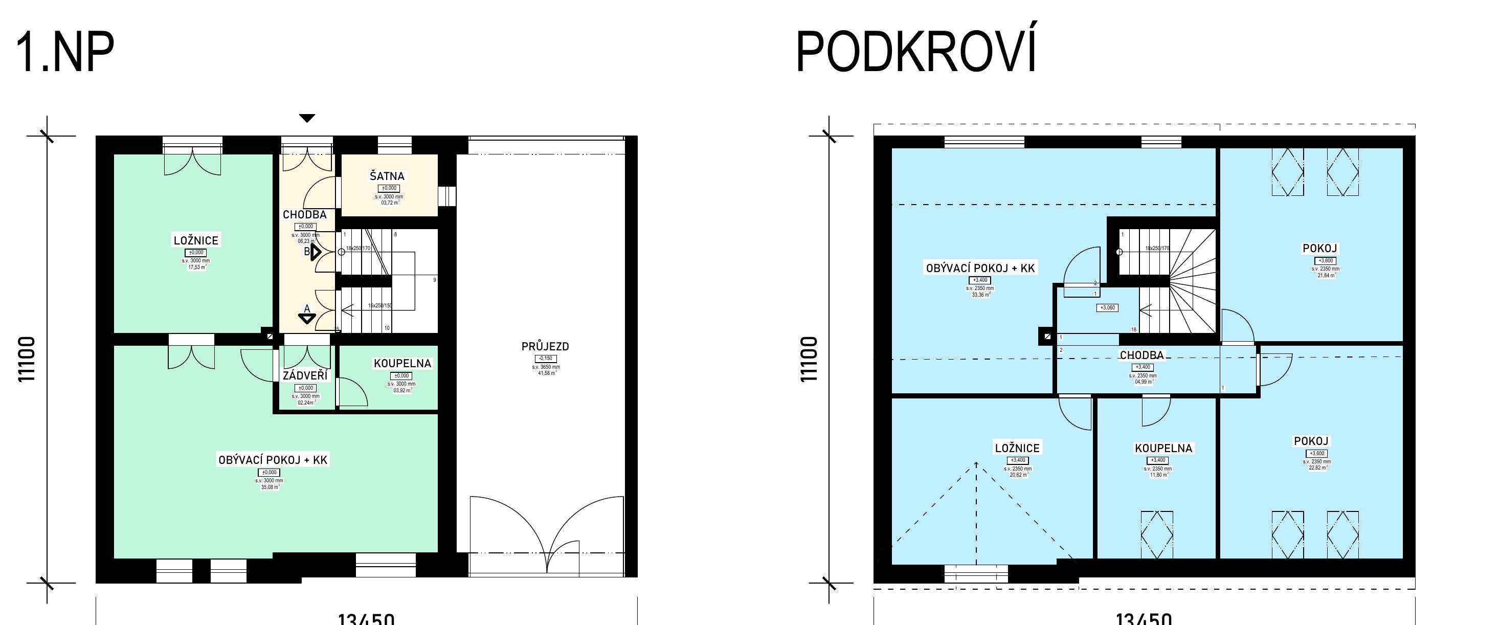 Půdorys varianty 2, dva byty, přízemí a podkroví