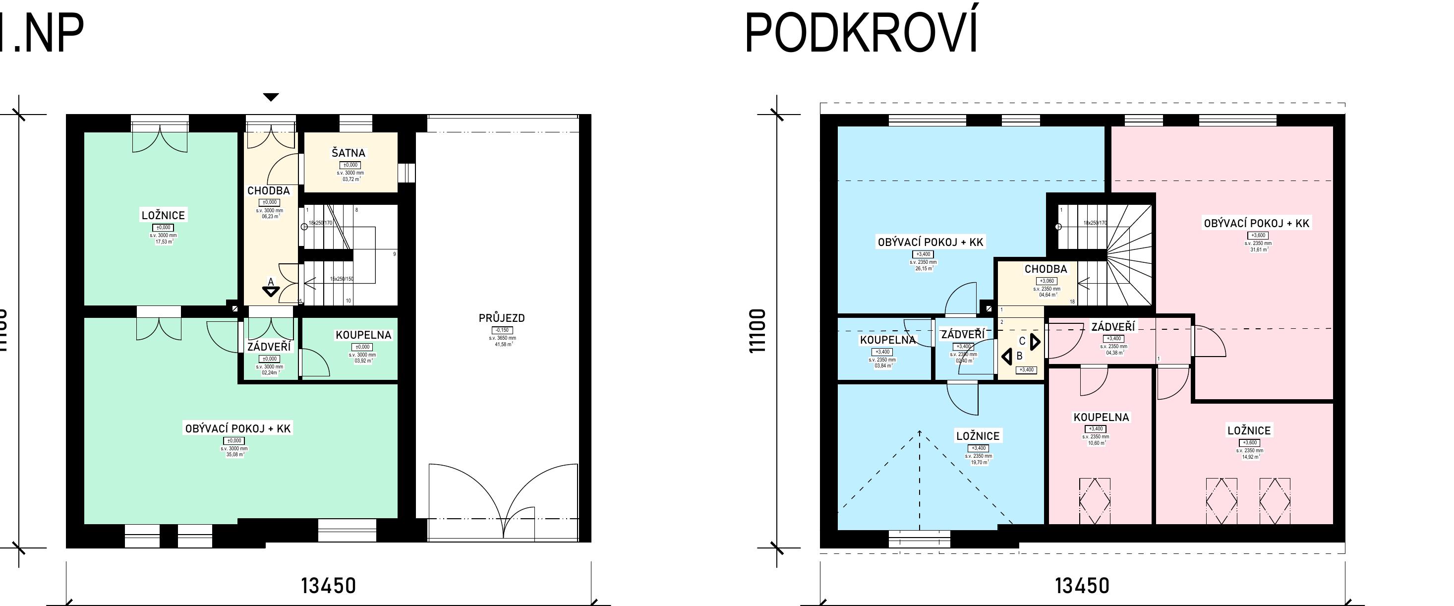 Půdorys varianty 3, tři byty, přízemí a podkroví